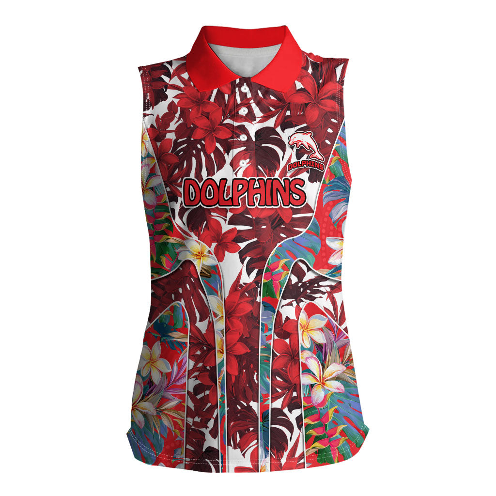 Dolphins Women Sleeveless Polo Shirt Tropical Hibiscus Floral Pattern With Red And White Accents