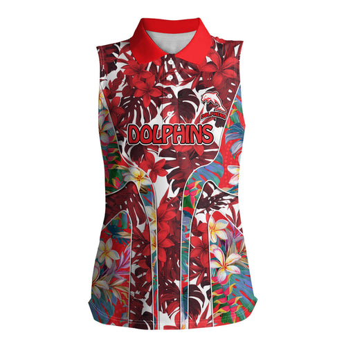 Dolphins Women Sleeveless Polo Shirt Tropical Hibiscus Floral Pattern With Red And White Accents