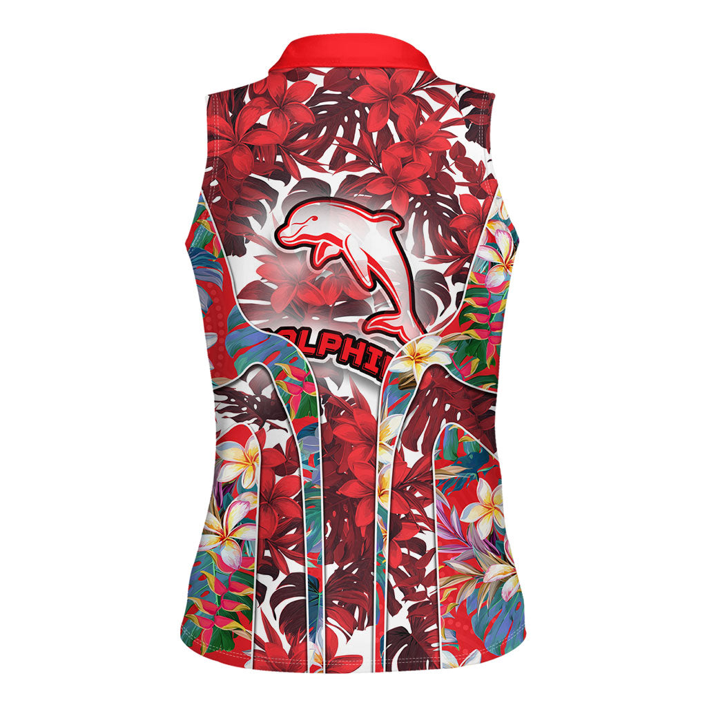 Dolphins Women Sleeveless Polo Shirt Tropical Hibiscus Floral Pattern With Red And White Accents