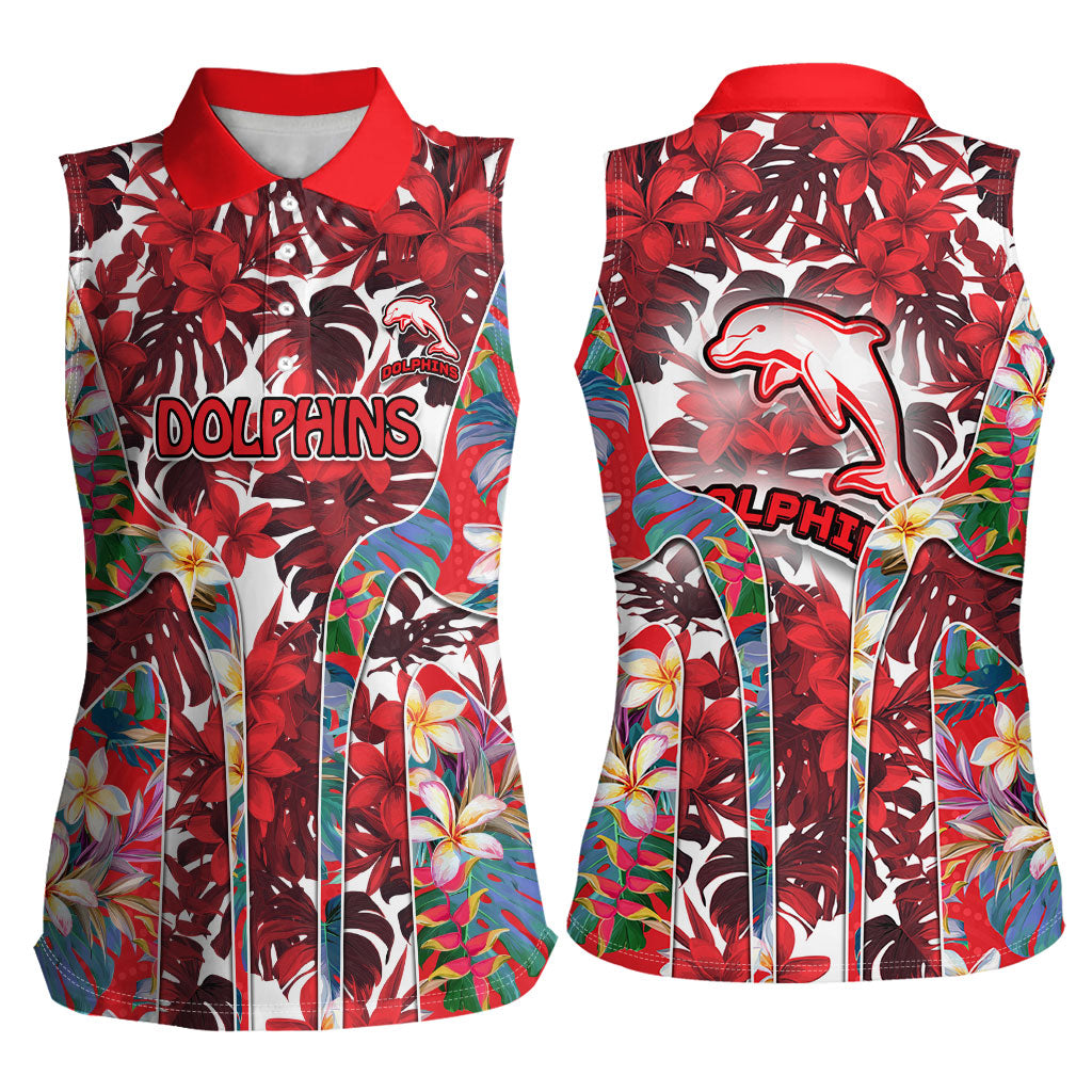 Dolphins Women Sleeveless Polo Shirt Tropical Hibiscus Floral Pattern With Red And White Accents