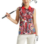 Dolphins Women Sleeveless Polo Shirt Tropical Hibiscus Floral Pattern With Red And White Accents