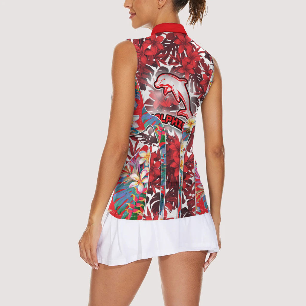 Dolphins Women Sleeveless Polo Shirt Tropical Hibiscus Floral Pattern With Red And White Accents