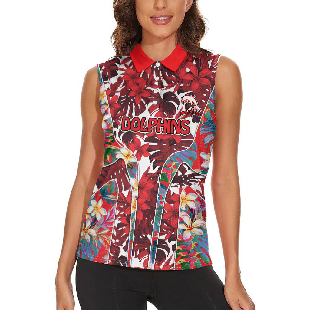 Dolphins Women Sleeveless Polo Shirt Tropical Hibiscus Floral Pattern With Red And White Accents