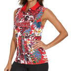 Dolphins Women Sleeveless Polo Shirt Tropical Hibiscus Floral Pattern With Red And White Accents