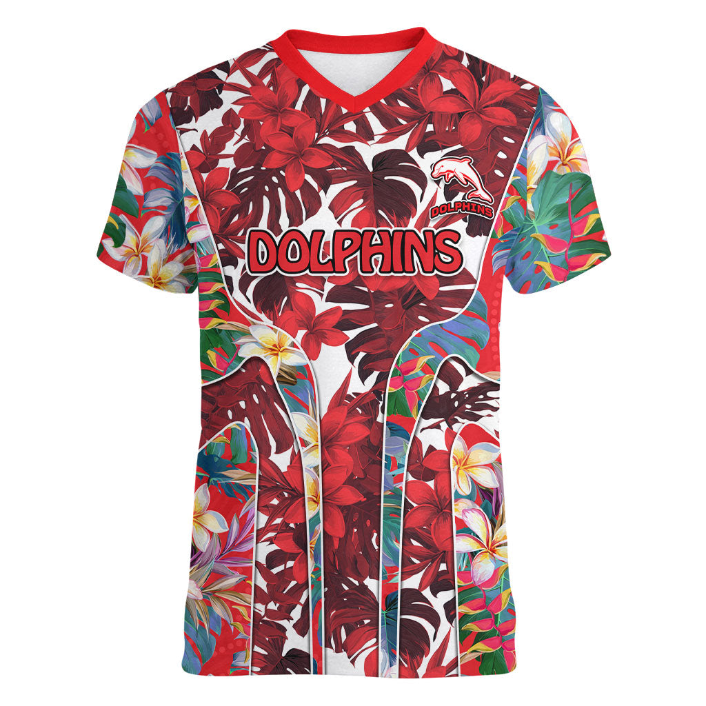 Dolphins Women V-Neck T-Shirt Tropical Hibiscus Floral Pattern With Red And White Accents