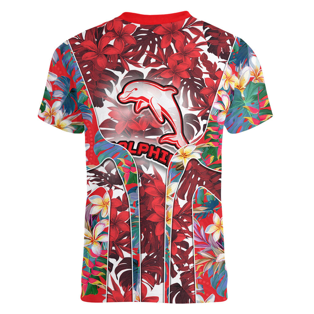 Dolphins Women V-Neck T-Shirt Tropical Hibiscus Floral Pattern With Red And White Accents