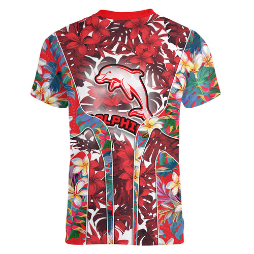 Dolphins Women V-Neck T-Shirt Tropical Hibiscus Floral Pattern With Red And White Accents