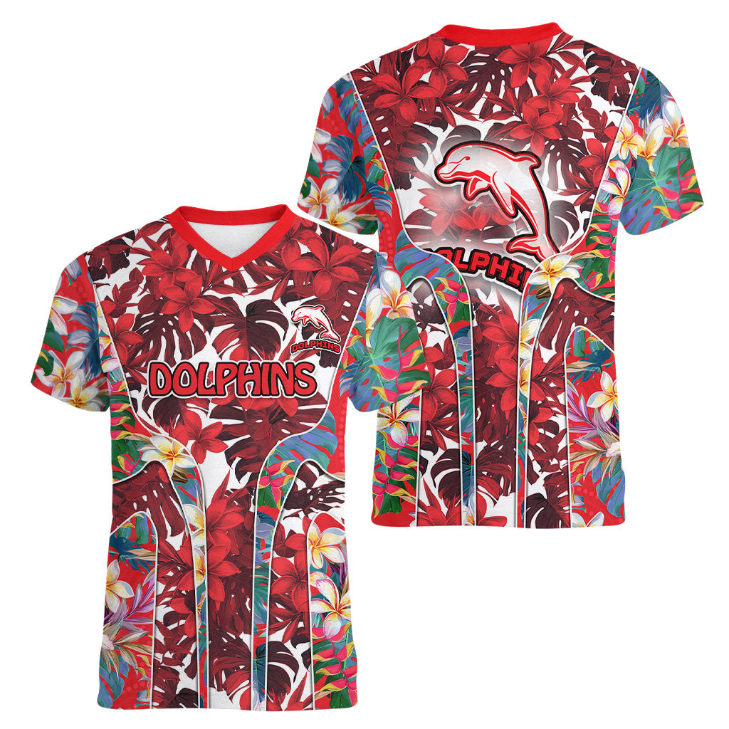Dolphins Women V-Neck T-Shirt Tropical Hibiscus Floral Pattern With Red And White Accents