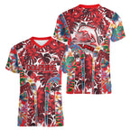 Dolphins Women V-Neck T-Shirt Tropical Hibiscus Floral Pattern With Red And White Accents