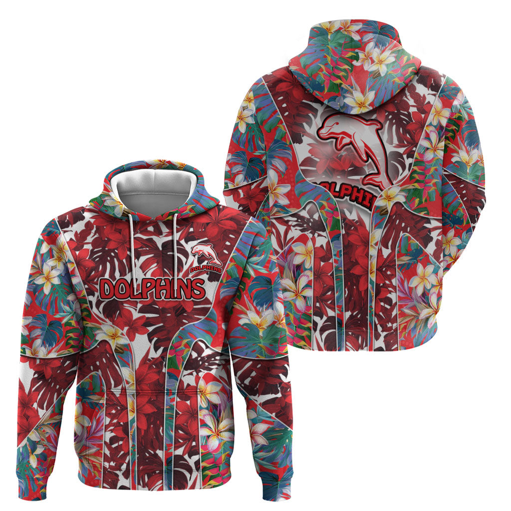 Dolphins Zip Hoodie Tropical Hibiscus Floral Pattern With Red And White Accents
