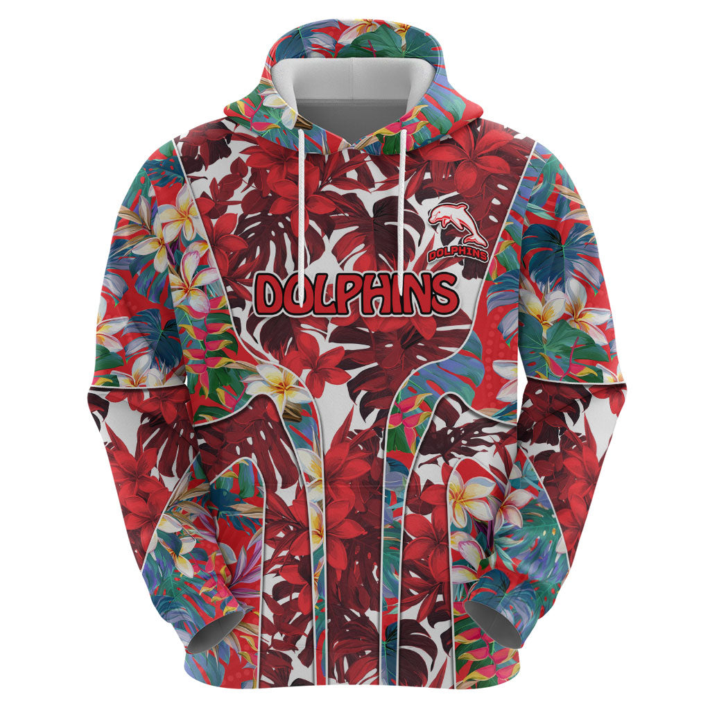 Dolphins Zip Hoodie Tropical Hibiscus Floral Pattern With Red And White Accents