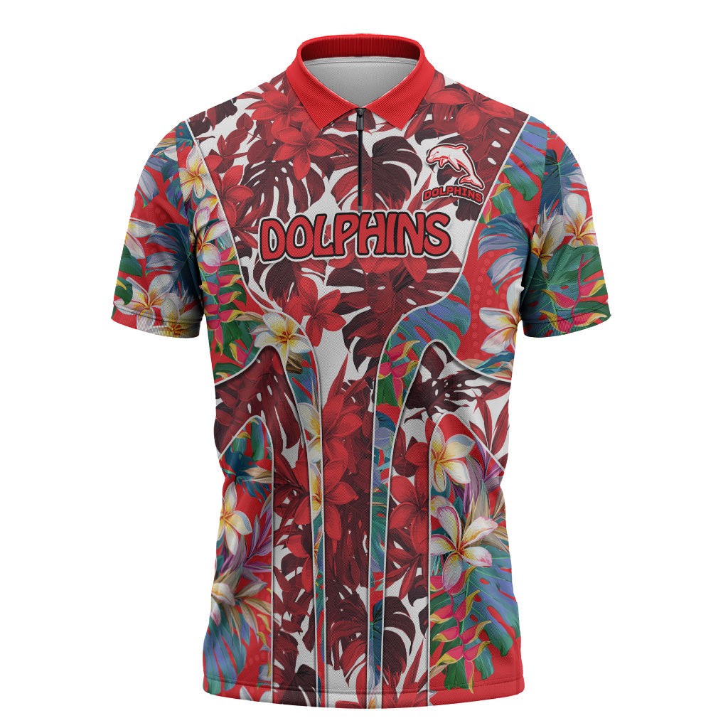 Dolphins Zipper Polo Shirt Tropical Hibiscus Floral Pattern With Red And White Accents