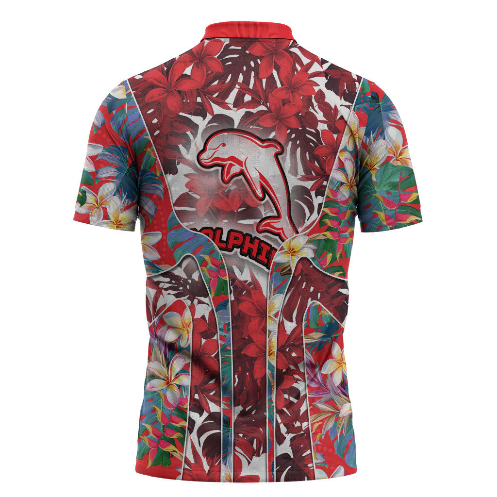 Dolphins Zipper Polo Shirt Tropical Hibiscus Floral Pattern With Red And White Accents