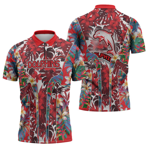 Dolphins Zipper Polo Shirt Tropical Hibiscus Floral Pattern With Red And White Accents
