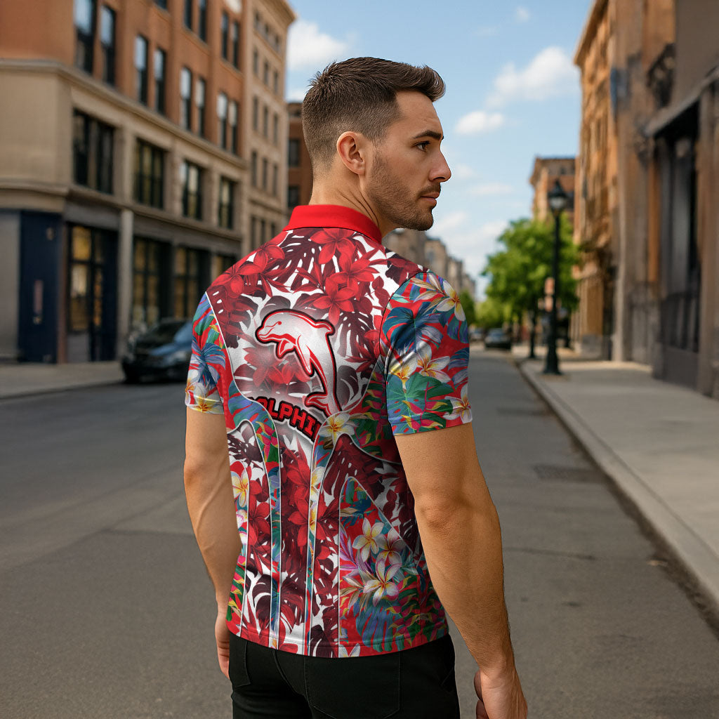 Dolphins Zipper Polo Shirt Tropical Hibiscus Floral Pattern With Red And White Accents
