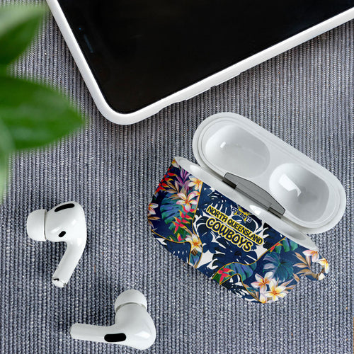 North Queensland Cowboys AirPods Case Tropical Hibiscus Floral Pattern With Blue And Yellow Accents