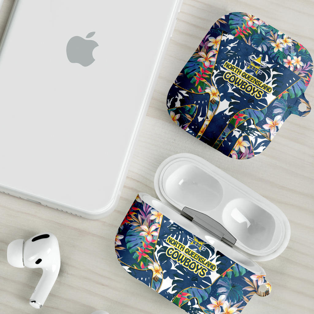 North Queensland Cowboys AirPods Case Tropical Hibiscus Floral Pattern With Blue And Yellow Accents