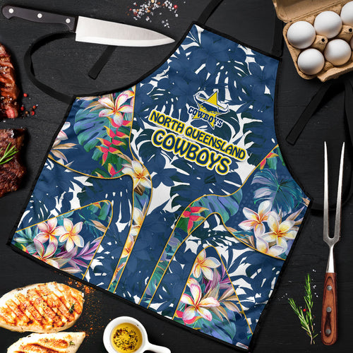 North Queensland Cowboys Apron Tropical Hibiscus Floral Pattern With Blue And Yellow Accents