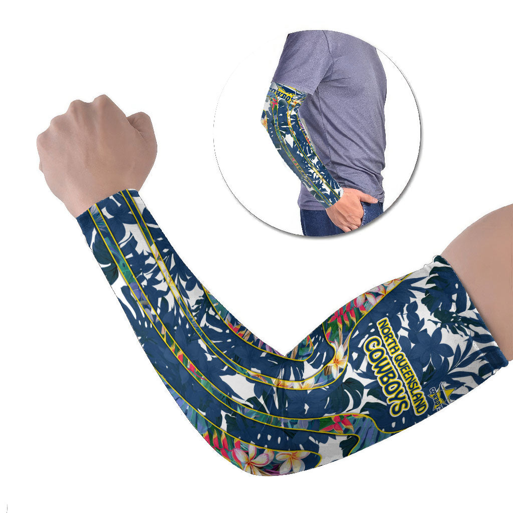 North Queensland Cowboys Arm Sleeves Tropical Hibiscus Floral Pattern With Blue And Yellow Accents