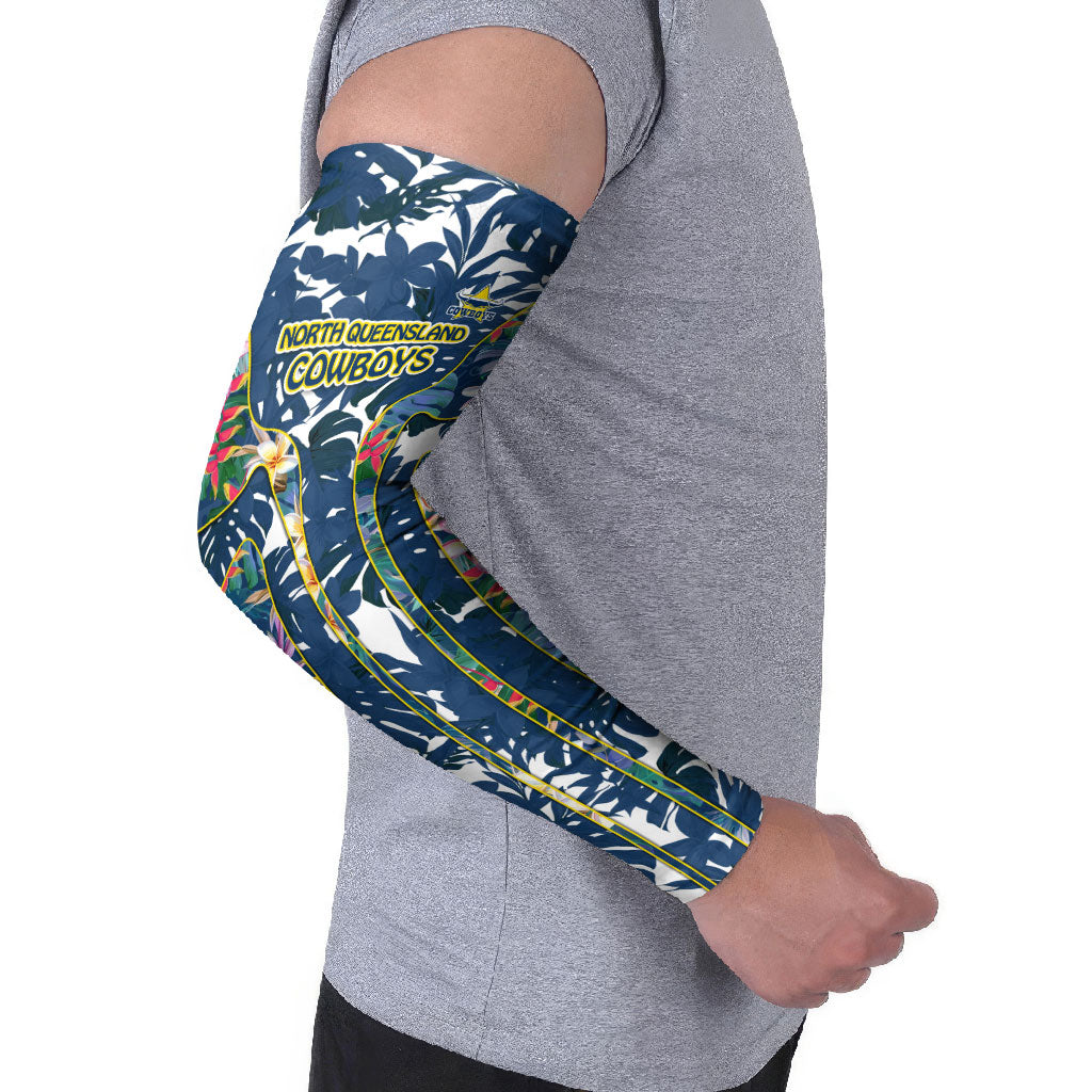 North Queensland Cowboys Arm Sleeves Tropical Hibiscus Floral Pattern With Blue And Yellow Accents