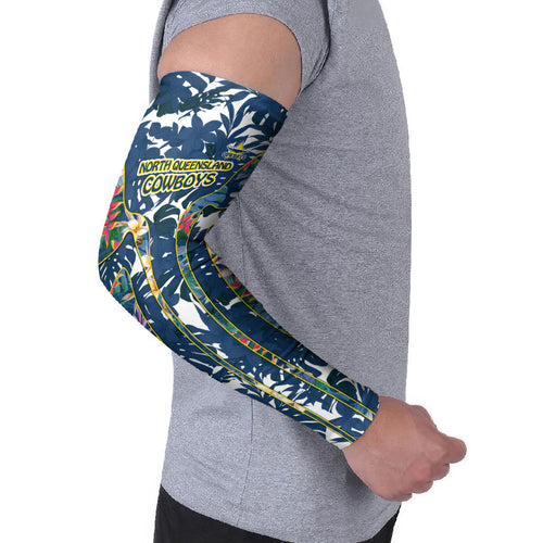 North Queensland Cowboys Arm Sleeves Tropical Hibiscus Floral Pattern With Blue And Yellow Accents