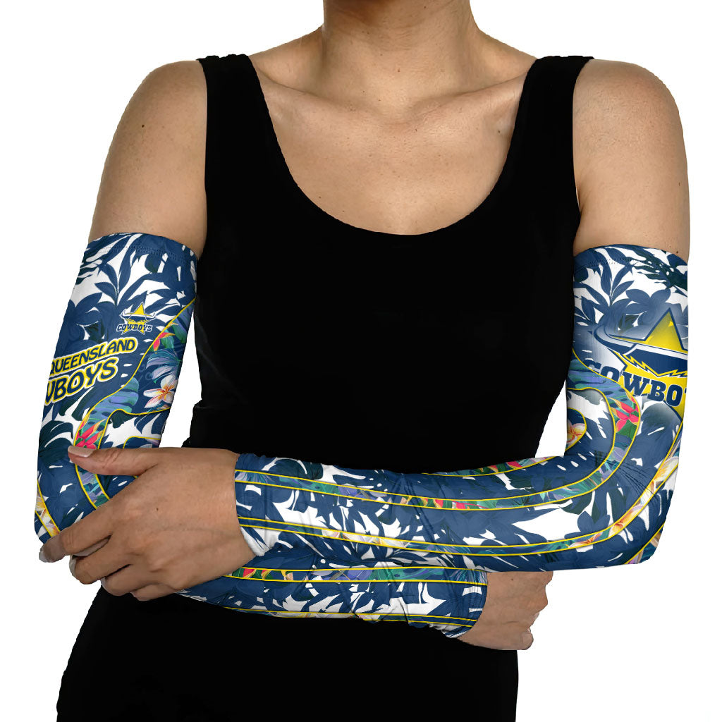 North Queensland Cowboys Arm Sleeves Tropical Hibiscus Floral Pattern With Blue And Yellow Accents