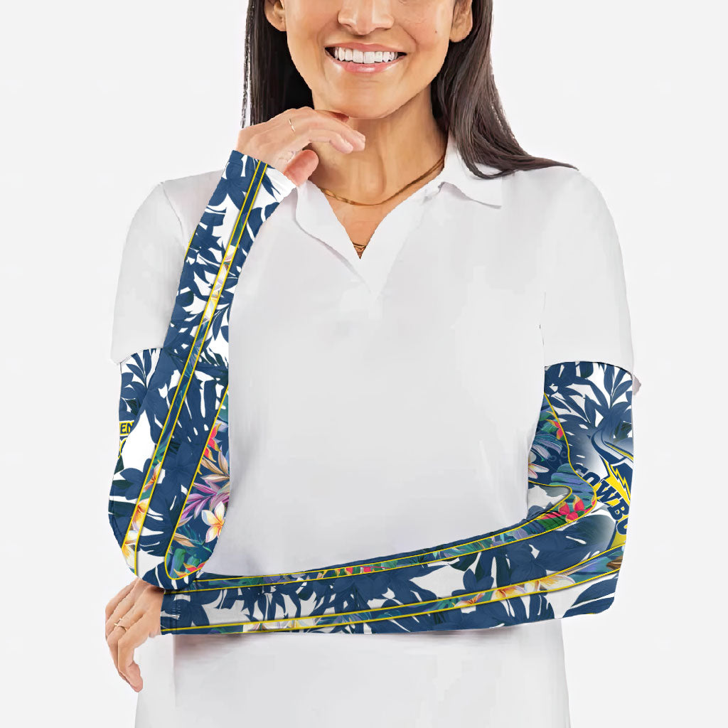 North Queensland Cowboys Arm Sleeves Tropical Hibiscus Floral Pattern With Blue And Yellow Accents