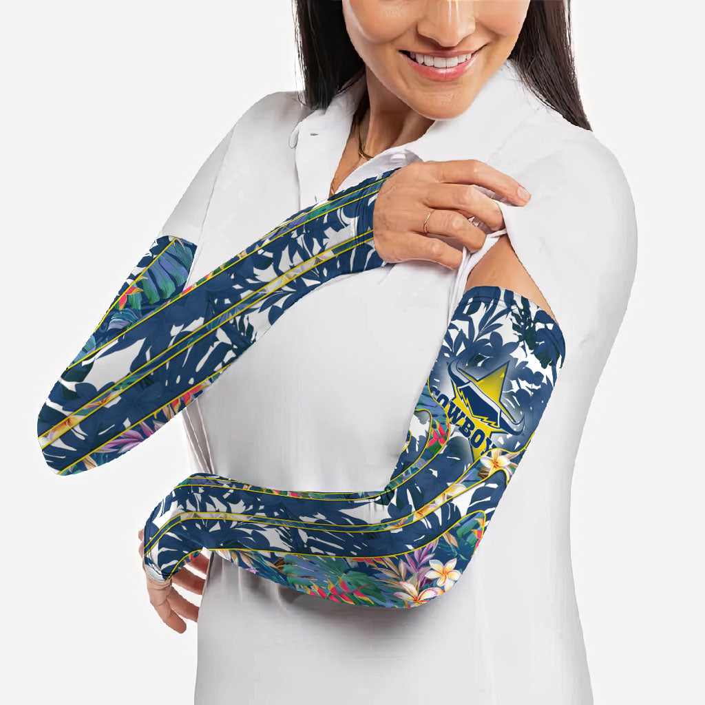 North Queensland Cowboys Arm Sleeves Tropical Hibiscus Floral Pattern With Blue And Yellow Accents
