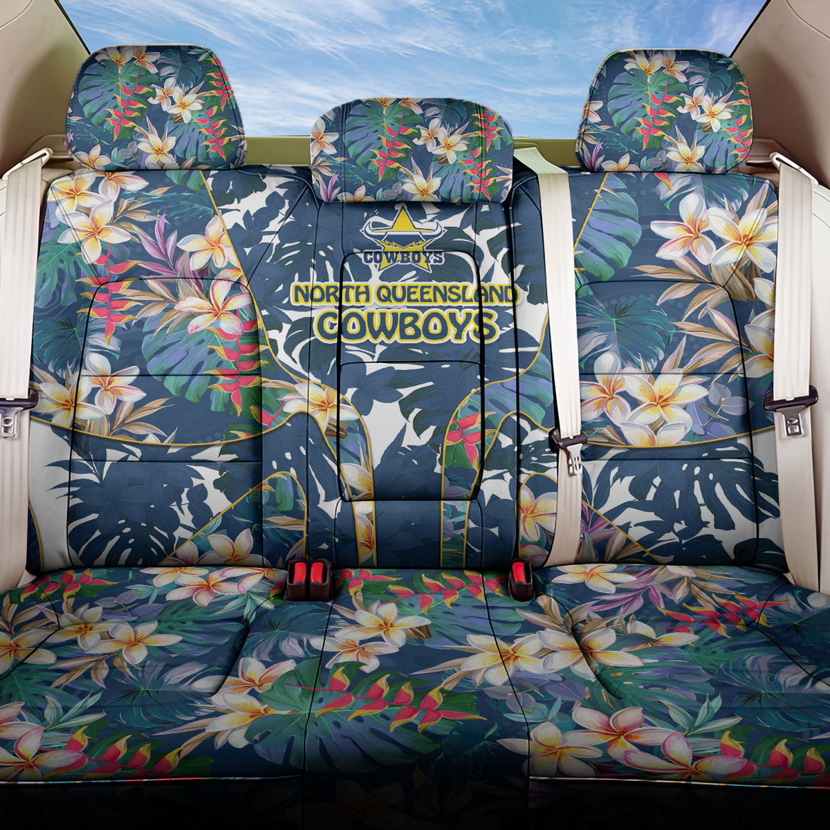 North Queensland Cowboys Back Car Seat Cover Tropical Hibiscus Floral Pattern With Blue And Yellow Accents