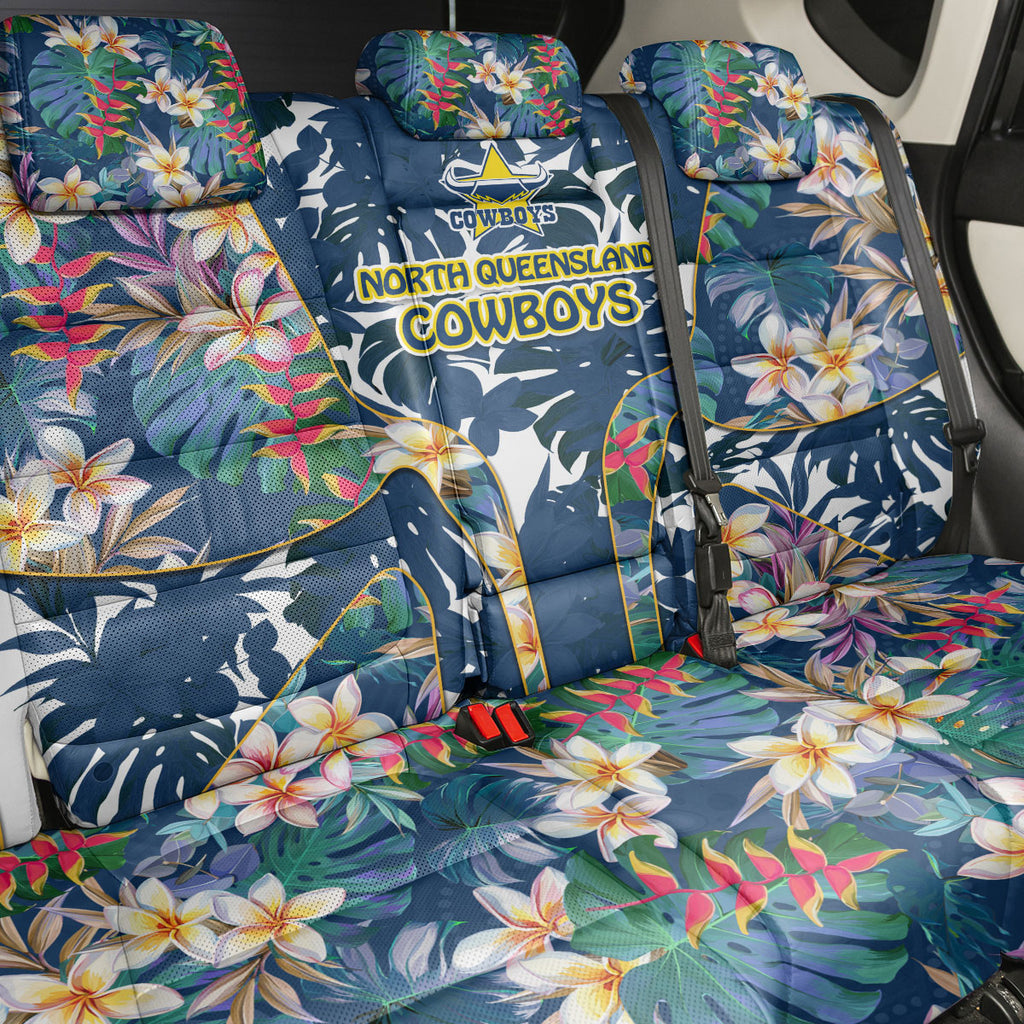 North Queensland Cowboys Back Car Seat Cover Tropical Hibiscus Floral Pattern With Blue And Yellow Accents