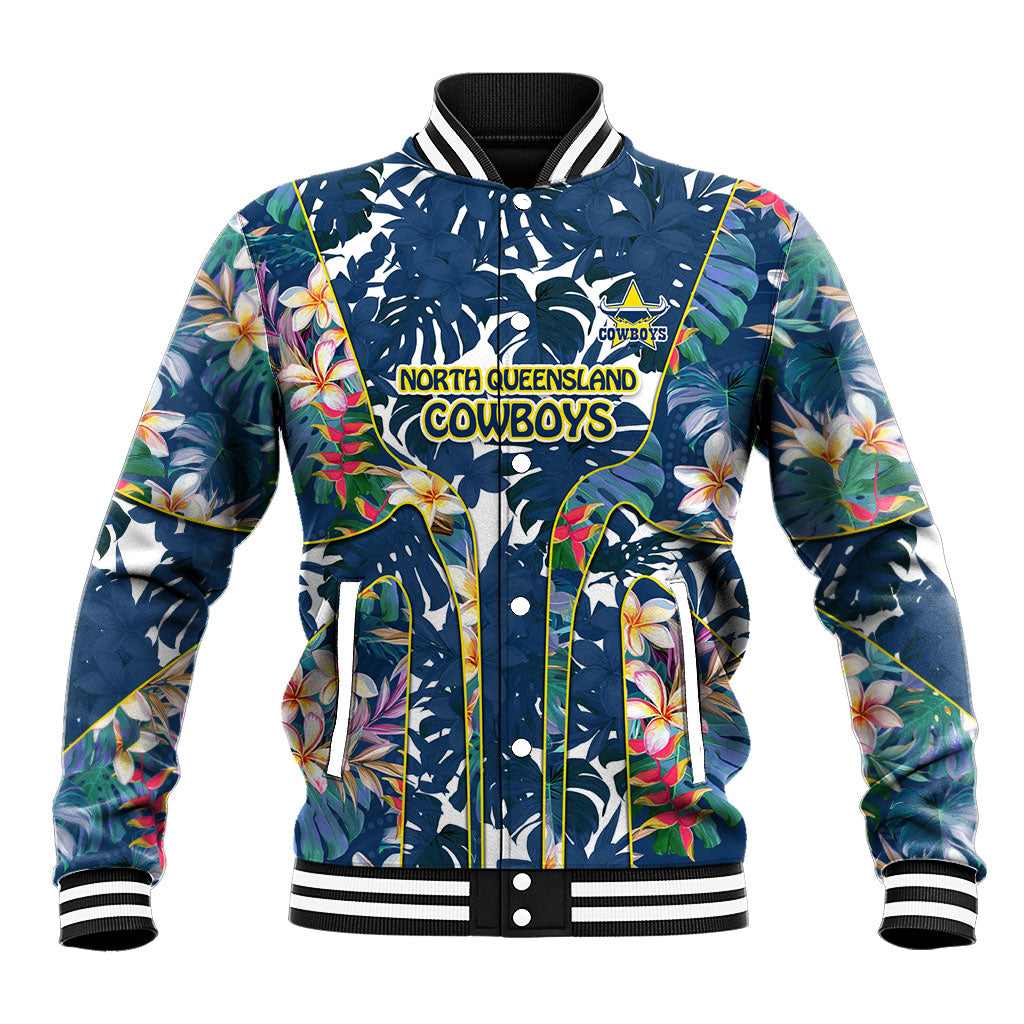 North Queensland Cowboys Baseball Jacket Tropical Hibiscus Floral Pattern With Blue And Yellow Accents
