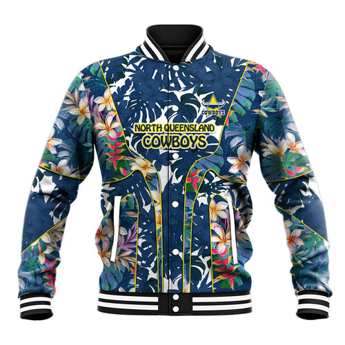 North Queensland Cowboys Baseball Jacket Tropical Hibiscus Floral Pattern With Blue And Yellow Accents