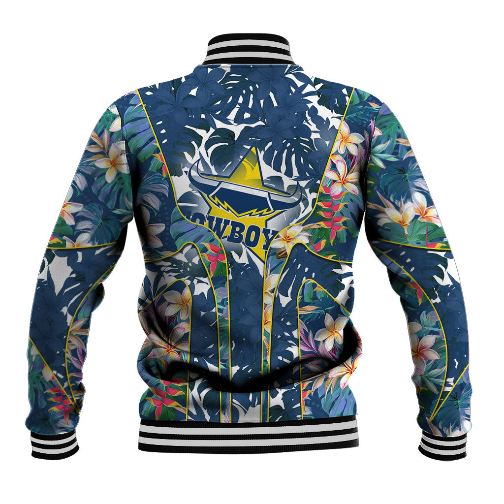 North Queensland Cowboys Baseball Jacket Tropical Hibiscus Floral Pattern With Blue And Yellow Accents