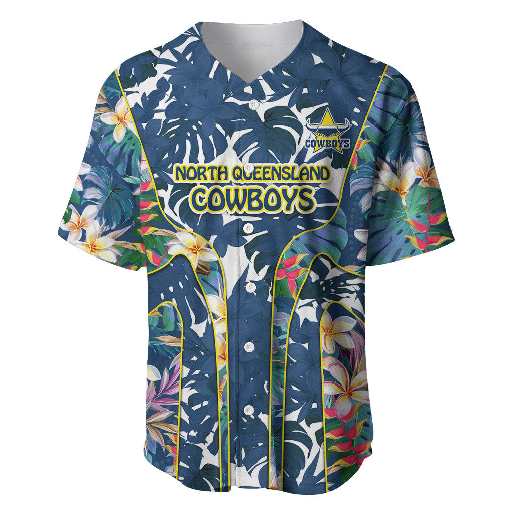 North Queensland Cowboys Baseball Jersey Tropical Hibiscus Floral Pattern With Blue And Yellow Accents