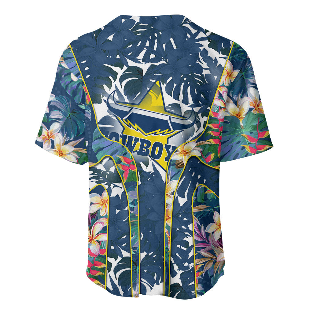 North Queensland Cowboys Baseball Jersey Tropical Hibiscus Floral Pattern With Blue And Yellow Accents