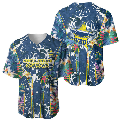 North Queensland Cowboys Baseball Jersey Tropical Hibiscus Floral Pattern With Blue And Yellow Accents