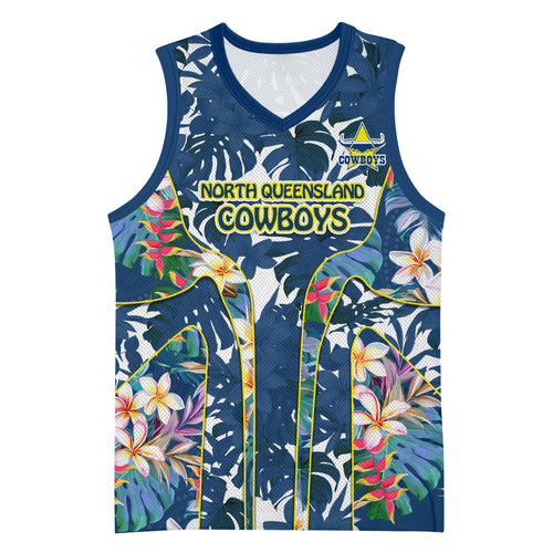 North Queensland Cowboys Basketball Jersey Tropical Hibiscus Floral Pattern With Blue And Yellow Accents
