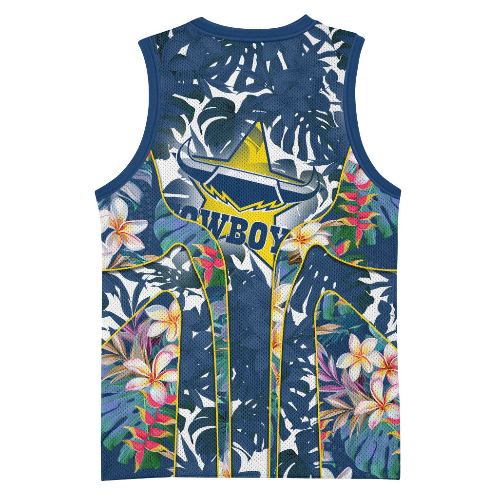 North Queensland Cowboys Basketball Jersey Tropical Hibiscus Floral Pattern With Blue And Yellow Accents