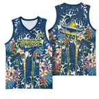 North Queensland Cowboys Basketball Jersey Tropical Hibiscus Floral Pattern With Blue And Yellow Accents