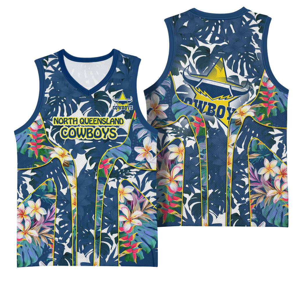 North Queensland Cowboys Basketball Jersey Tropical Hibiscus Floral Pattern With Blue And Yellow Accents
