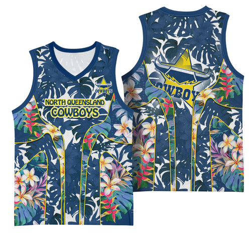 North Queensland Cowboys Basketball Jersey Tropical Hibiscus Floral Pattern With Blue And Yellow Accents