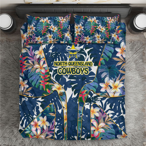 North Queensland Cowboys Bedding Set Tropical Hibiscus Floral Pattern With Blue And Yellow Accents