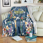 North Queensland Cowboys Blanket Tropical Hibiscus Floral Pattern With Blue And Yellow Accents