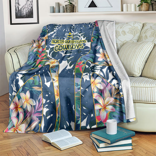 North Queensland Cowboys Blanket Tropical Hibiscus Floral Pattern With Blue And Yellow Accents