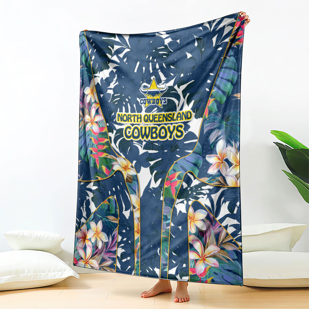 North Queensland Cowboys Blanket Tropical Hibiscus Floral Pattern With Blue And Yellow Accents