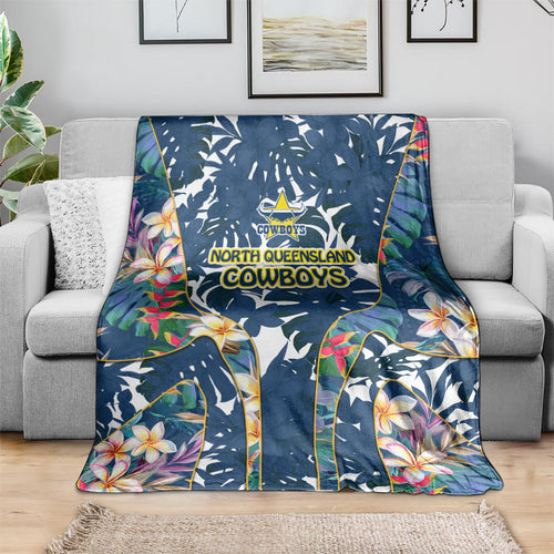 North Queensland Cowboys Blanket Tropical Hibiscus Floral Pattern With Blue And Yellow Accents