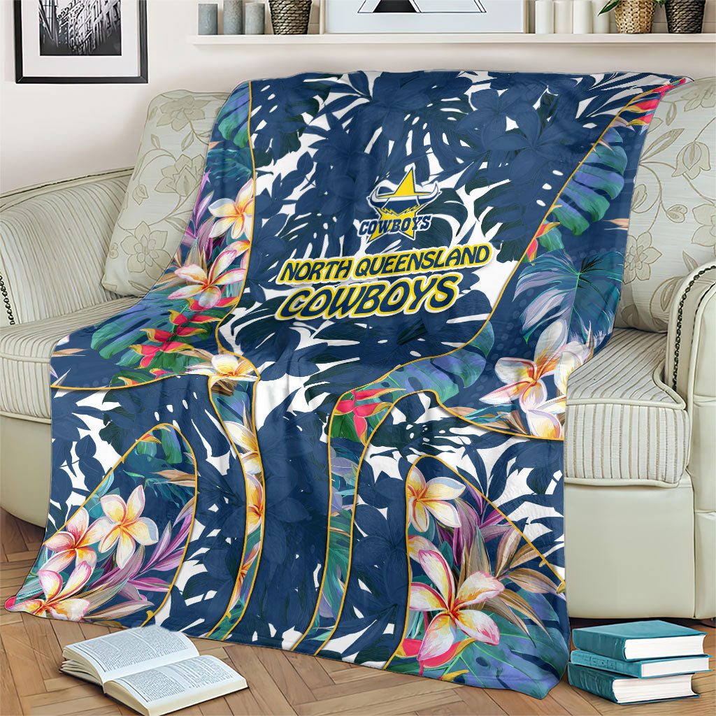 North Queensland Cowboys Blanket Tropical Hibiscus Floral Pattern With Blue And Yellow Accents