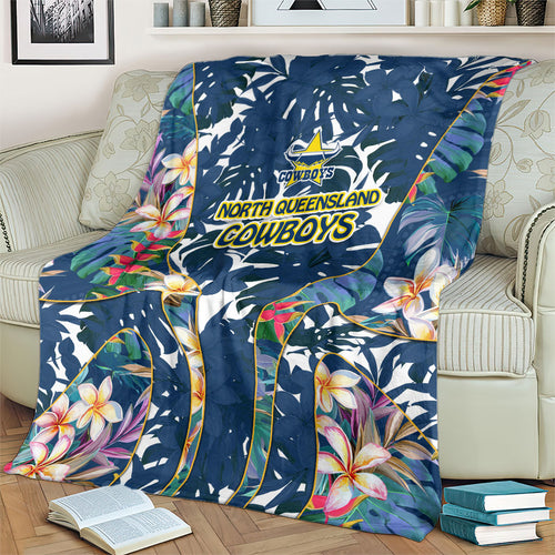 North Queensland Cowboys Blanket Tropical Hibiscus Floral Pattern With Blue And Yellow Accents