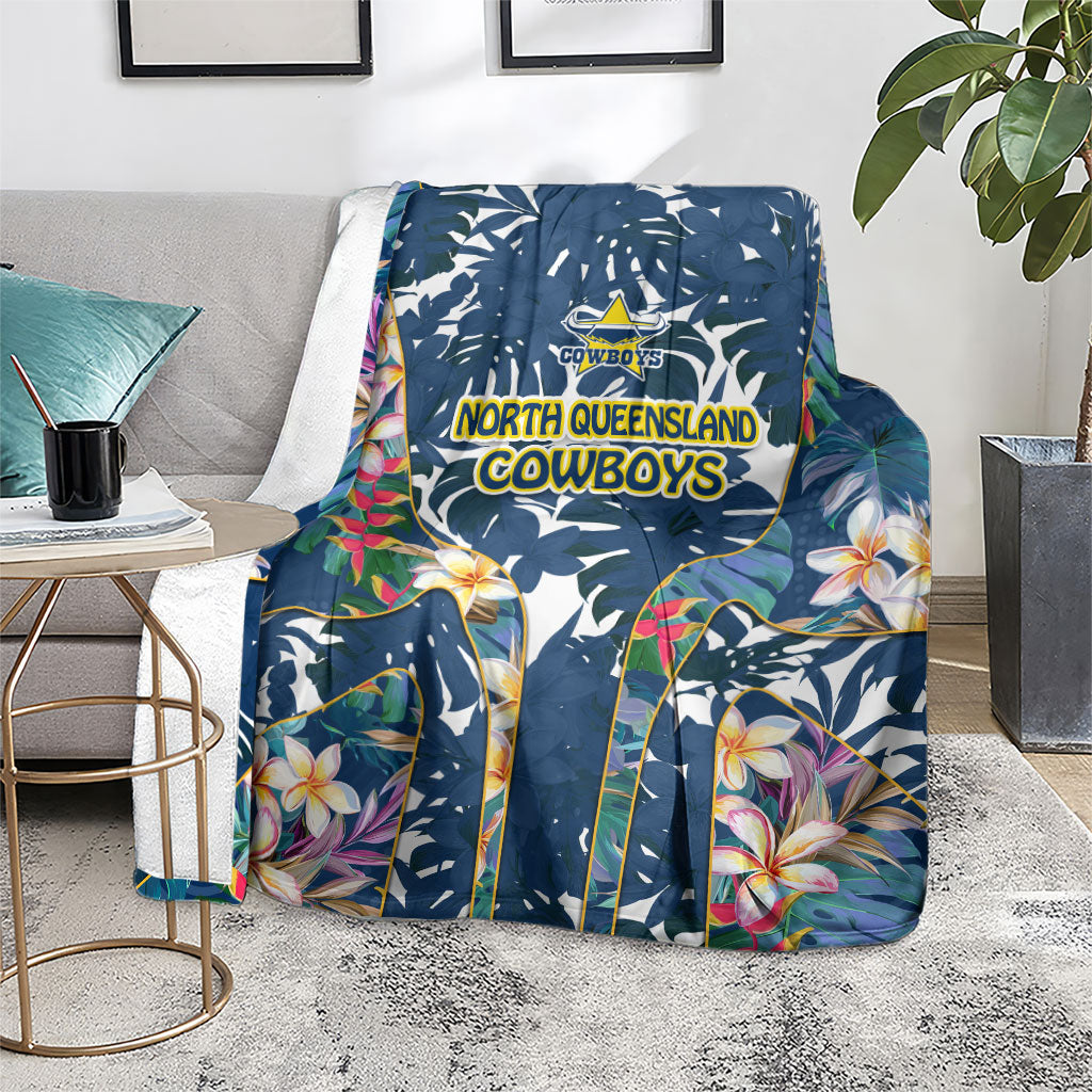 North Queensland Cowboys Blanket Tropical Hibiscus Floral Pattern With Blue And Yellow Accents