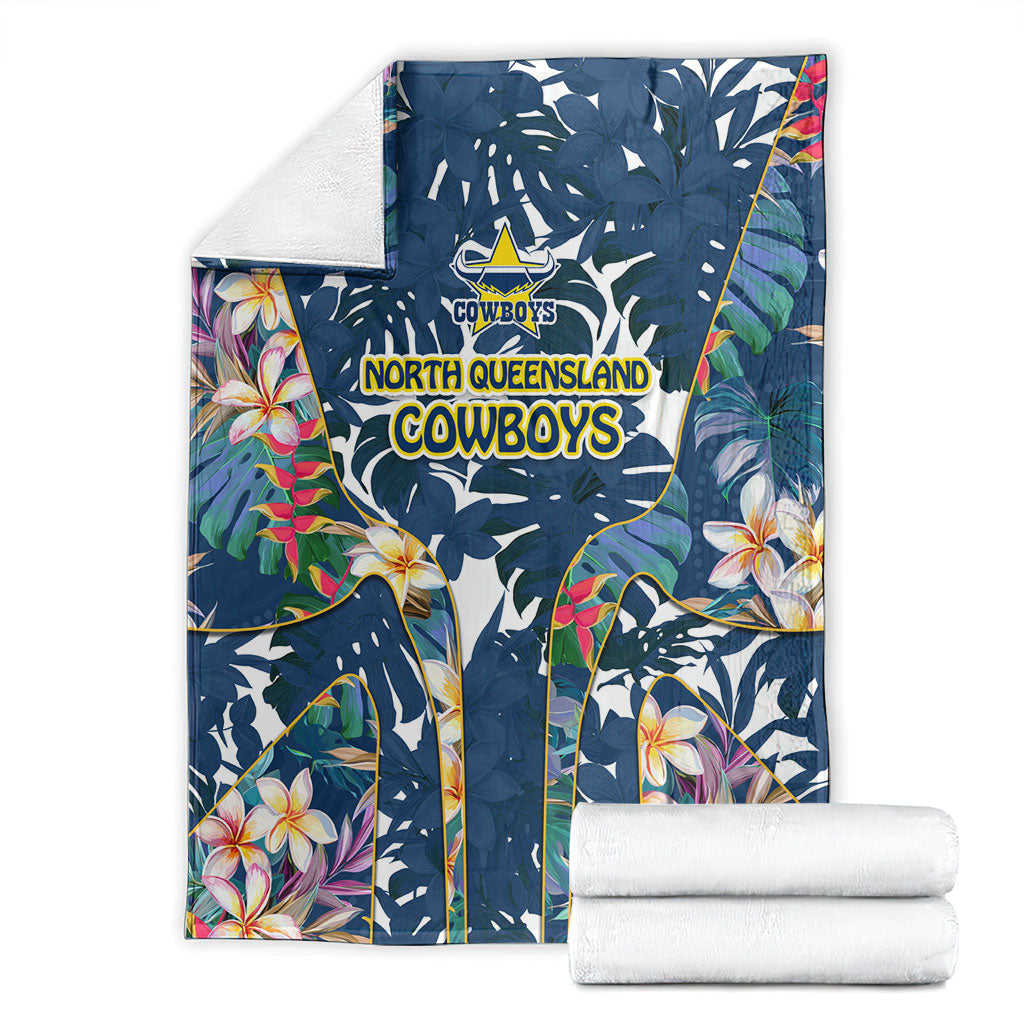 North Queensland Cowboys Blanket Tropical Hibiscus Floral Pattern With Blue And Yellow Accents